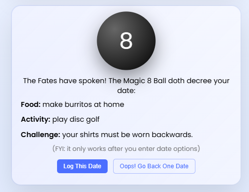 screenshot of a magic date ball date